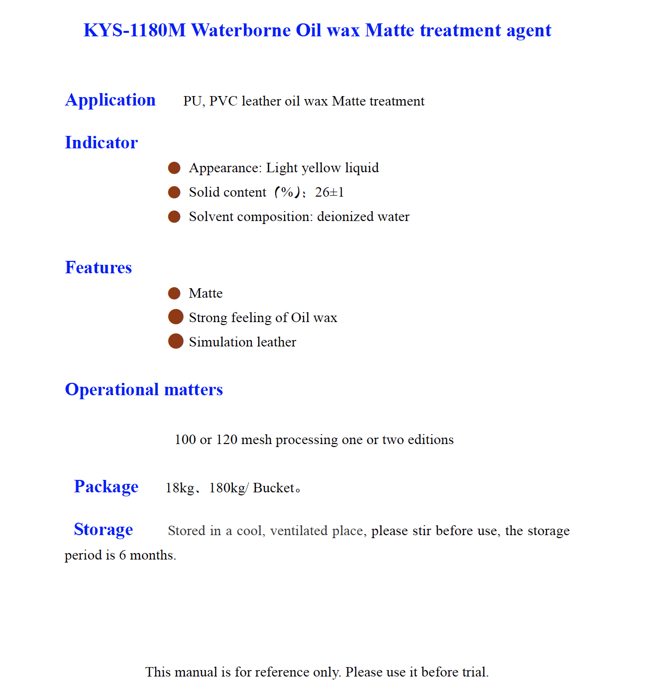 KYS 1180M Waterborne Oil wax Matte treatment agent